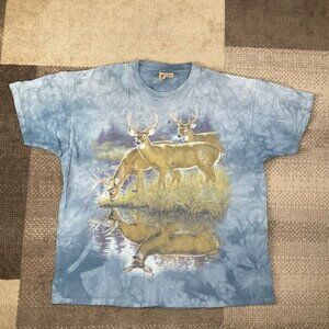 Vintage The Mountain Deer T-Shirt Tie Dye Nature Mens XL Blue Distressed